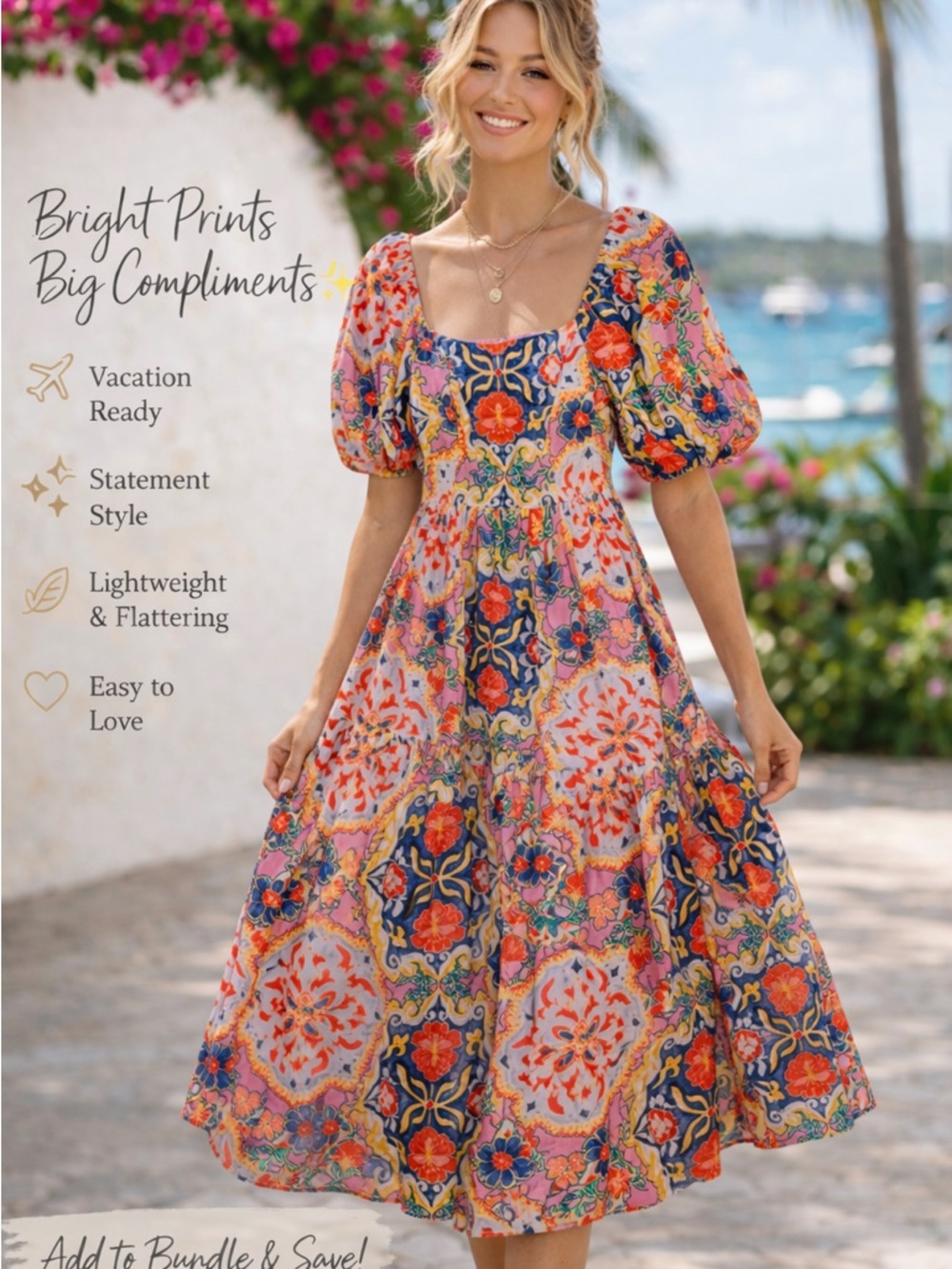 Colorful Boho Puff Sleeve Mini Dress | Square Neck Resort Vacation | Size 6